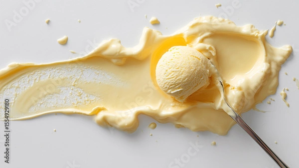 Fototapeta Cream-colored scoop of melting ice cream resting on a silver spoon with thick creamy puddles on a flat white surface