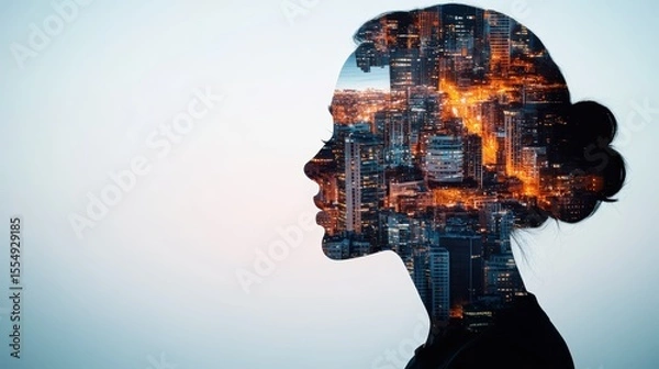 Fototapeta Abstract silhouette of a woman's profile with cityscape urban night lights overlay and luminous modern skyline