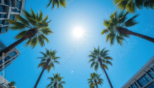 Fototapeta Palm trees line a street with tall buildings under a clear blue sky.