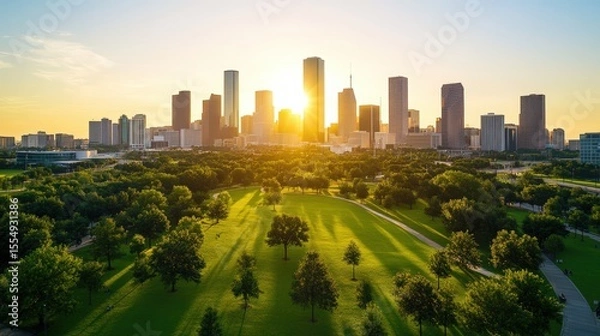 Fototapeta Vibrant city skyline with modern tall skyscrapers bright sunlight rising over lush green park and open spaces