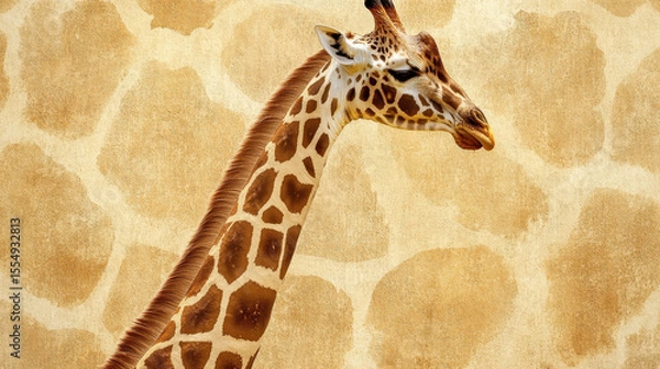 Fototapeta Close-up of a tall giraffe with long neck and distinct spotted pattern on background of illuminated savannah