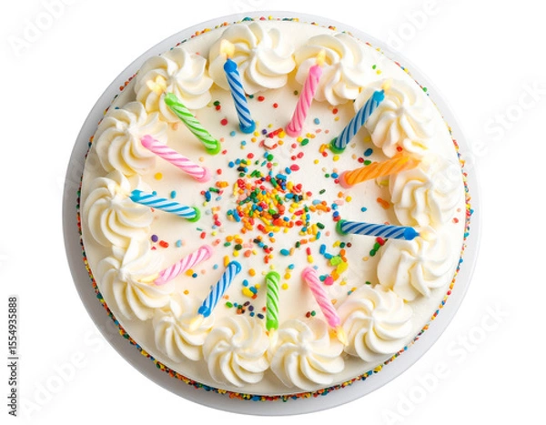 Fototapeta Top View of Colorful Birthday Cake with Candles and Sprinkles, isolated on transparent background. 
