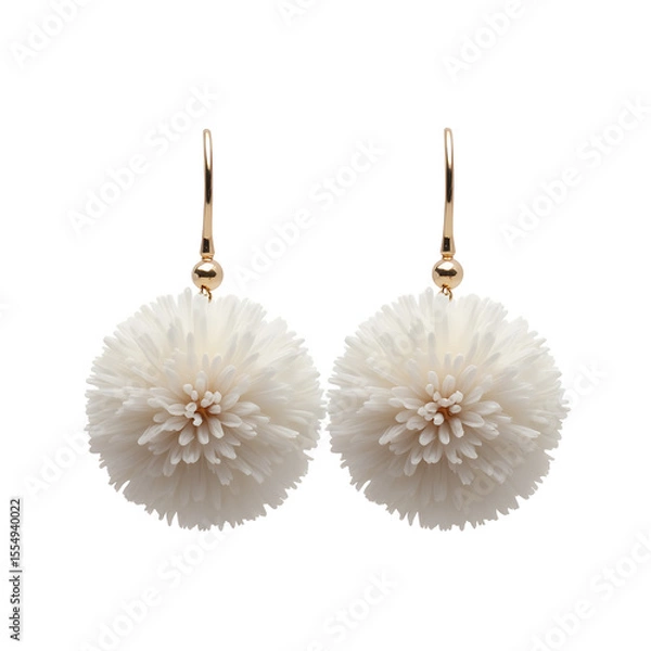 Fototapeta Pompom earrings with soft textured spheres and thin hooks on white  