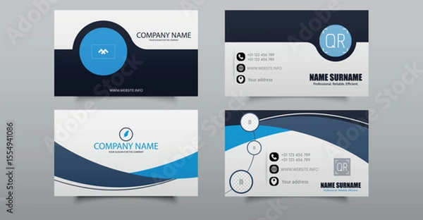 Obraz Set of vector business card templates in blue color scheme with abstract curved and circular shapes. Suitable for professional branding, contact cards, and corporate identity.
