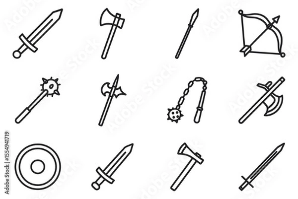 Fototapeta Medieval weapons collection featuring sword, axe, bow, and shield, vector illustration