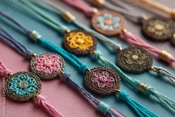 Fototapeta Vibrant handmade knitted bracelets with colorful thread patterns