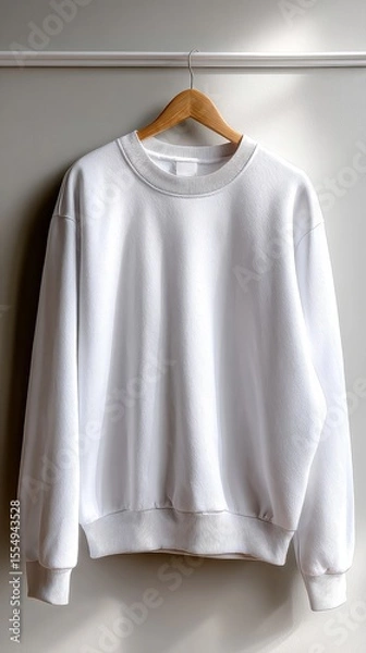 Obraz 明るい光の下、木製ハンガーに飾られたミニマリストの白いスウェットシャツ
