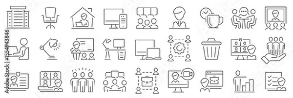Fototapeta Office icon set. Work in office icons. Briefcase, meeting, employee, desk, computer, schedule, co-worker and more. Vector collection.
