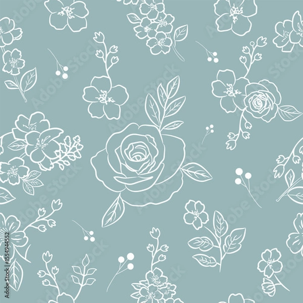 Fototapeta Soft seamless floral pattern with white rose and blossom outlines on dusty blue background. ideal for textile, wallpaper and feminine designs.