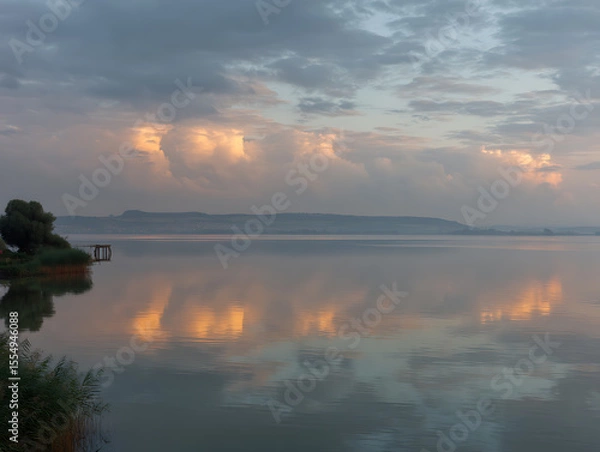 Obraz Serene lake sunrise with cloudy sky reflection