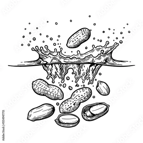 Fototapeta Peanuts Falling into Water with a Big Splash Black and White Outline Line Art Drawing Food