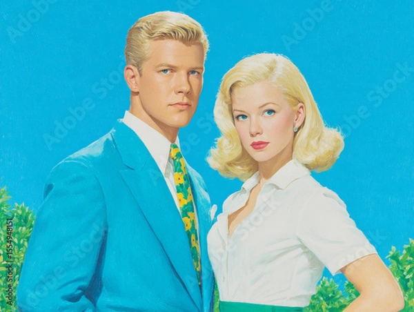 Fototapeta Vintage Couple Portrait with Bright Colors and Retro Style in Background