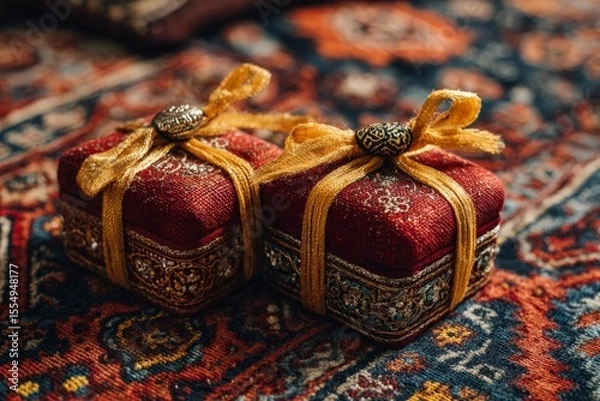 Fototapeta Ornate decorative boxes with red fabric and gold ribbon on patterned carpet
