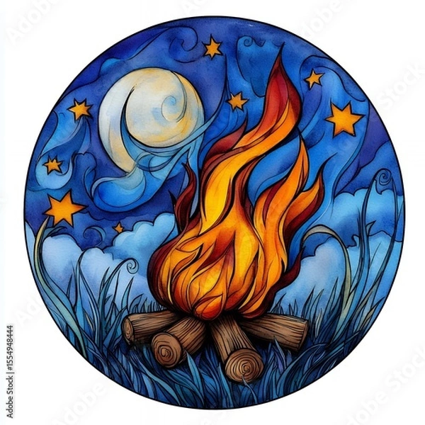 Fototapeta Vibrant Campfire Illuminated Under a Starry Night Sky with Moonlight and Whimsical Clouds