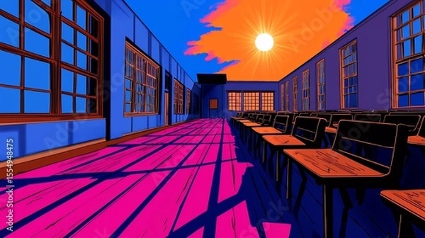Fototapeta Vibrant Classroom Scene with Bright Sunlight and Colorful Shadows on Wooden Floors