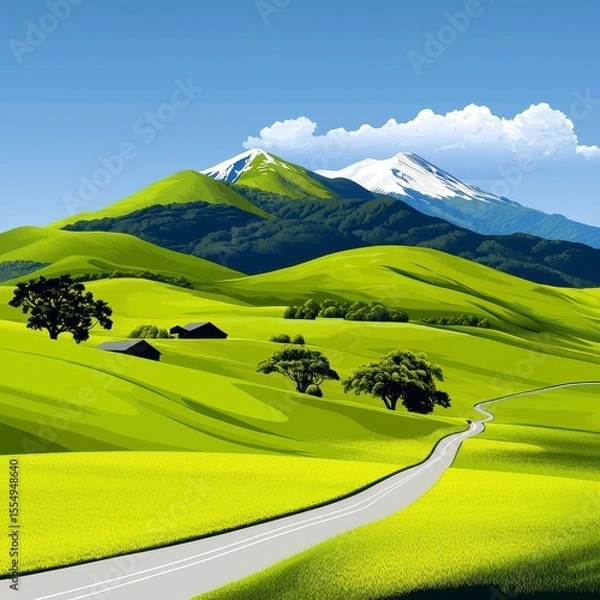Fototapeta Vibrant Green Hills Under Clear Blue Sky with Snow-Capped Mountains in Background