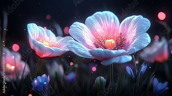 Fototapeta Vibrant Luminescent Flowers Glowing in a Dark Enchanted Garden