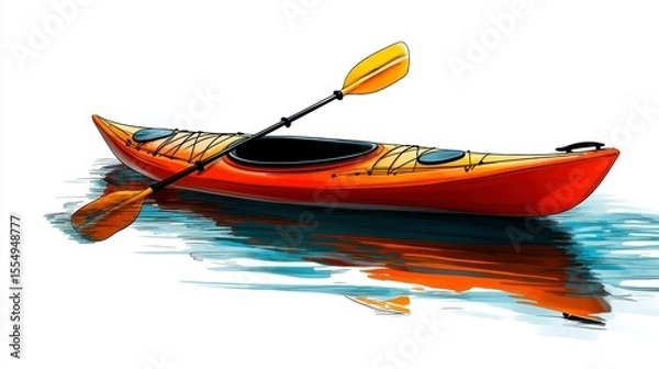 Fototapeta Vibrant Orange Kayak Floating on Calm Water Surrounded by Reflected Blue Sky
