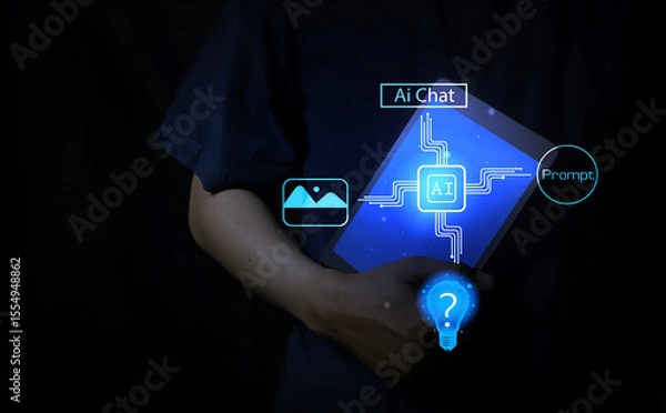 Fototapeta handheld tablet with digital graphical elements representing AI, prompts, and communication tools.