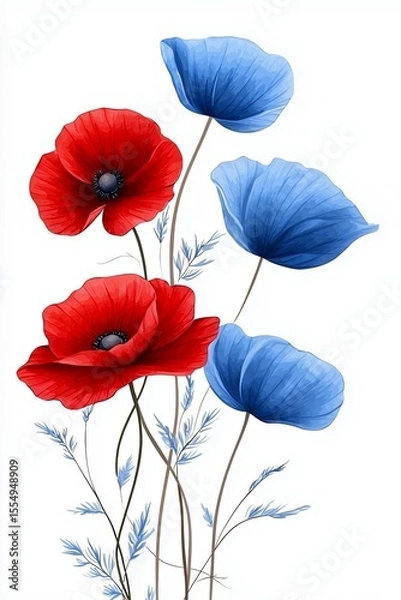 Fototapeta Vibrant Red and Blue Poppies with Graceful Stems and Delicate Leaves on a White Background