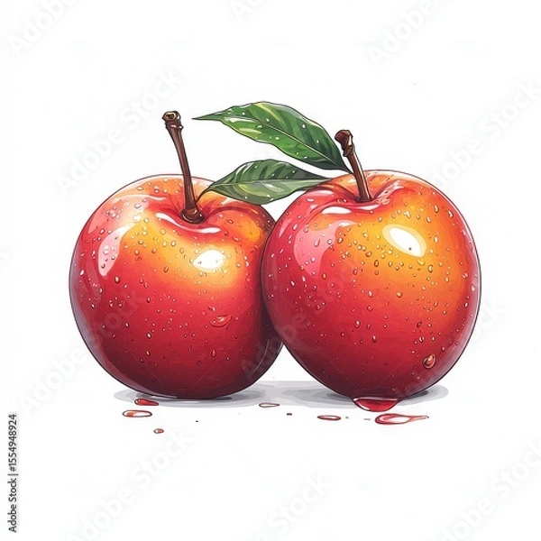 Fototapeta Vibrant Red Apples with Water Droplets and Green Leaves on a White Background