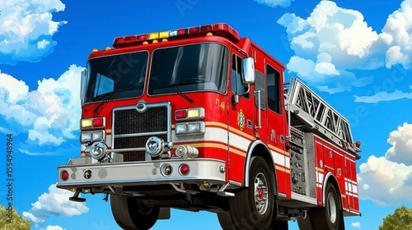 Fototapeta Vibrant Red Fire Truck in Action Surrounded by Blue Sky and White Clouds