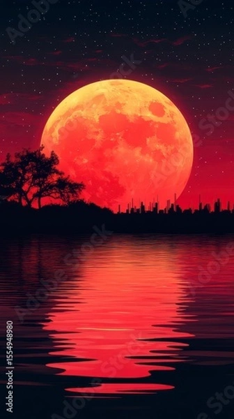 Fototapeta Vibrant Red Full Moon Reflected on Calm Water Surrounded by Silhouetted Trees at Dusk