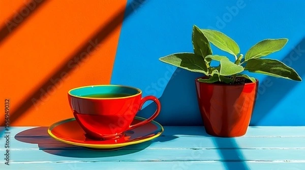 Fototapeta Vibrant Red Teacup and Potted Plant Still Life with Bold Color Background
