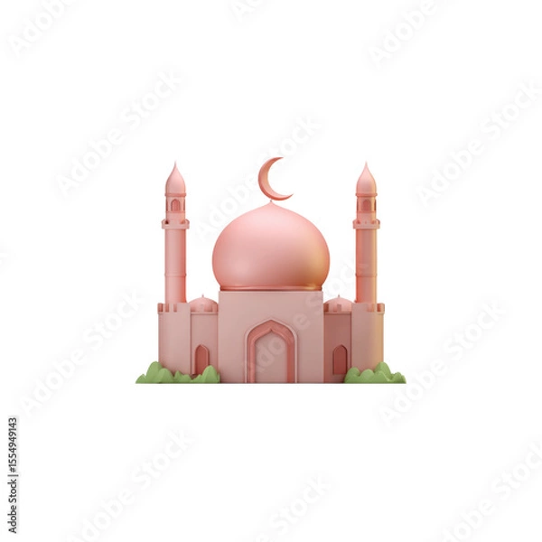 Fototapeta The mosque model is predominantly pink. It features a central dome, topped with a crescent moon finial, flanked by two slender minarets