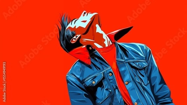 Fototapeta Stylized Portrait of a Young Man Wearing a Red Turtleneck and Denim Jacket Against a Bold Red Background