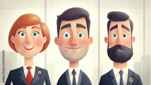 Fototapeta Stylized Portraits of Business Professionals Smiling Cartoon Characters in City Setting