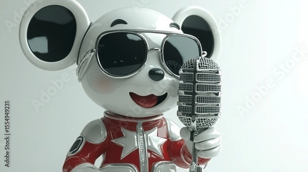 Fototapeta Stylized White Mouse Figurine in Red Jacket Holding Microphone