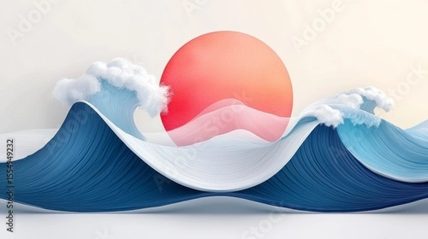 Fototapeta Stylized Waves with Red Sunset and Foamy Crests in Soft Pastel Colors