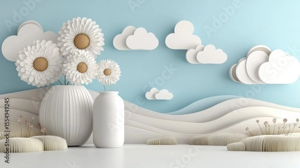 Fototapeta Stylized White Vases with 3D Flower Arrangement Against Abstract Blue Wall Background