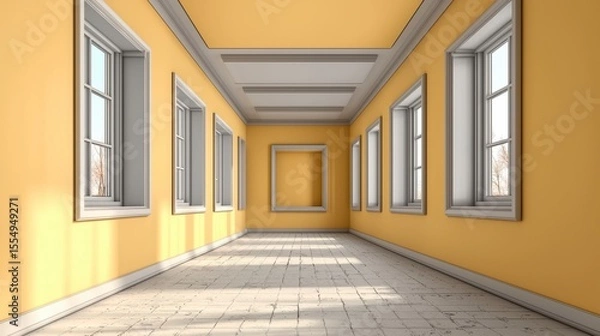 Fototapeta Sunlit Empty Hallway with Pale Yellow Walls and White Trim