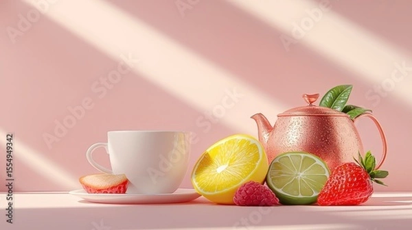 Fototapeta Sunlit Still Life of Tea with Citrus and Berries