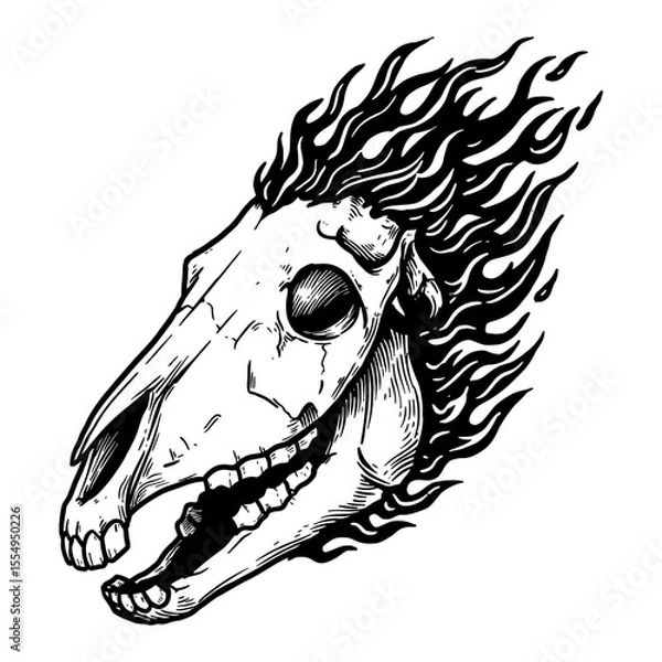 Fototapeta Flaming Horse Skull Monster with Whole Skull Black and White Outline Line Art Drawing Engraving