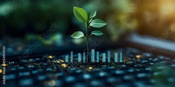 Fototapeta Green Plant Growing from Computer Keyboard Digital Innovation Concept
