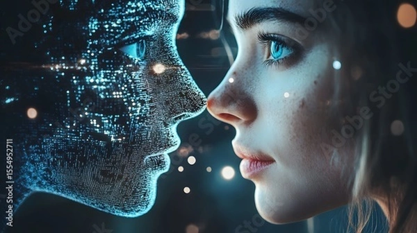 Fototapeta Human and AI Interaction with Glowing Digital Elements