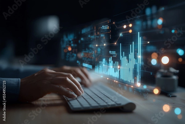 Fototapeta A person is typing on a keyboard with a computer monitor displaying a graph