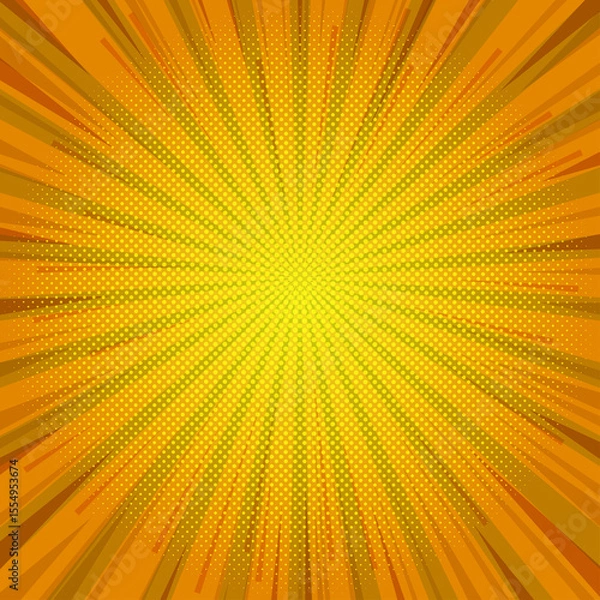 Fototapeta Abstract orange comic background. Art pop cartoon backdrop. Halftone effect pattern. Fun anime texture. Starburst manga style bg. Mark popart radial gradient. Spiral, swirl, comic rays