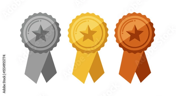 Fototapeta Gold, Silver, and Bronze Star Award Ribbons Set. The ribbons hang below the circular rosettes, symbolizing first, second, and third place achievements