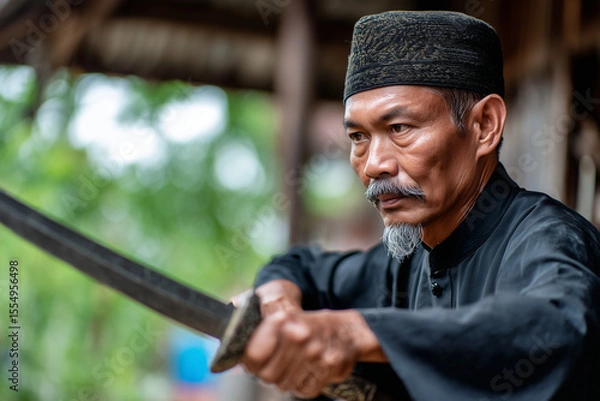 Fototapeta Dynamic photo of a traditional Malay warrior in formal Baju Melayu, caught mid-silat movement with a drawn keris in hand, dramatic lighting