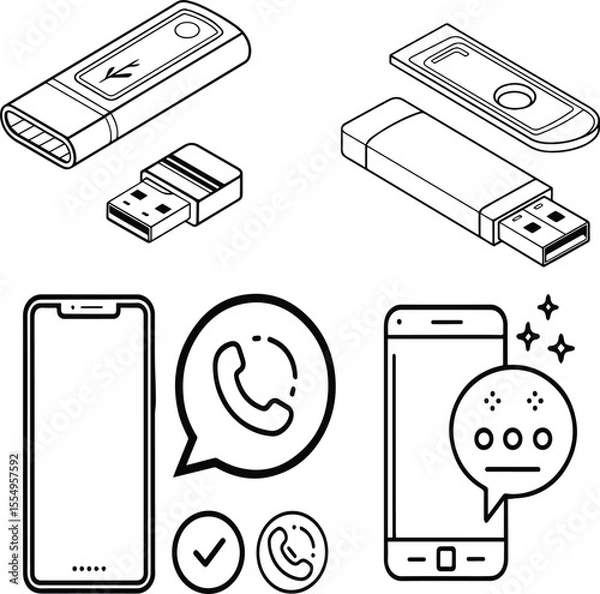 Fototapeta Set of mobile phone icons, technology smartphone communication digital device vector