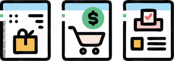 Fototapeta E-commerce Icon Set  Shopping Cart, Package Delivery, and Order Confirmation Icons for Website and App Design