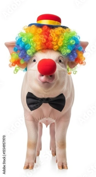 Obraz pig dressed as a clown with a colorful wig, red nose, and bow tie. Humorous and surreal animal portrait on white background