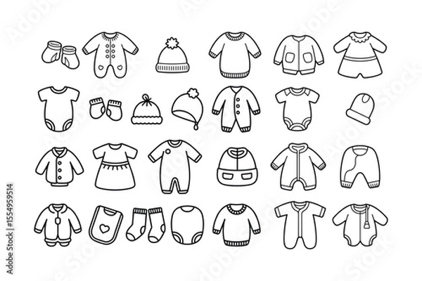 Obraz Black and White Baby Clothes Icon Set Onesies Bodysuits Hats Socks Mittens vector