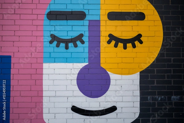 Obraz Urban Smile Geometric Face Mural in Bold Color Blocks (1)