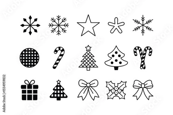 Fototapeta Black and White Christmas Icon Set Snowflake Star Candy Cane Tree Bow Gift Holly