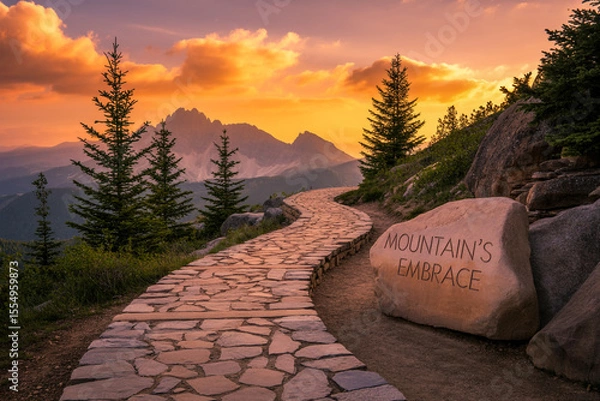 Obraz Winding Stone Mountain Path at Sunset with Evergreen Trees and Distant Peaks (2)